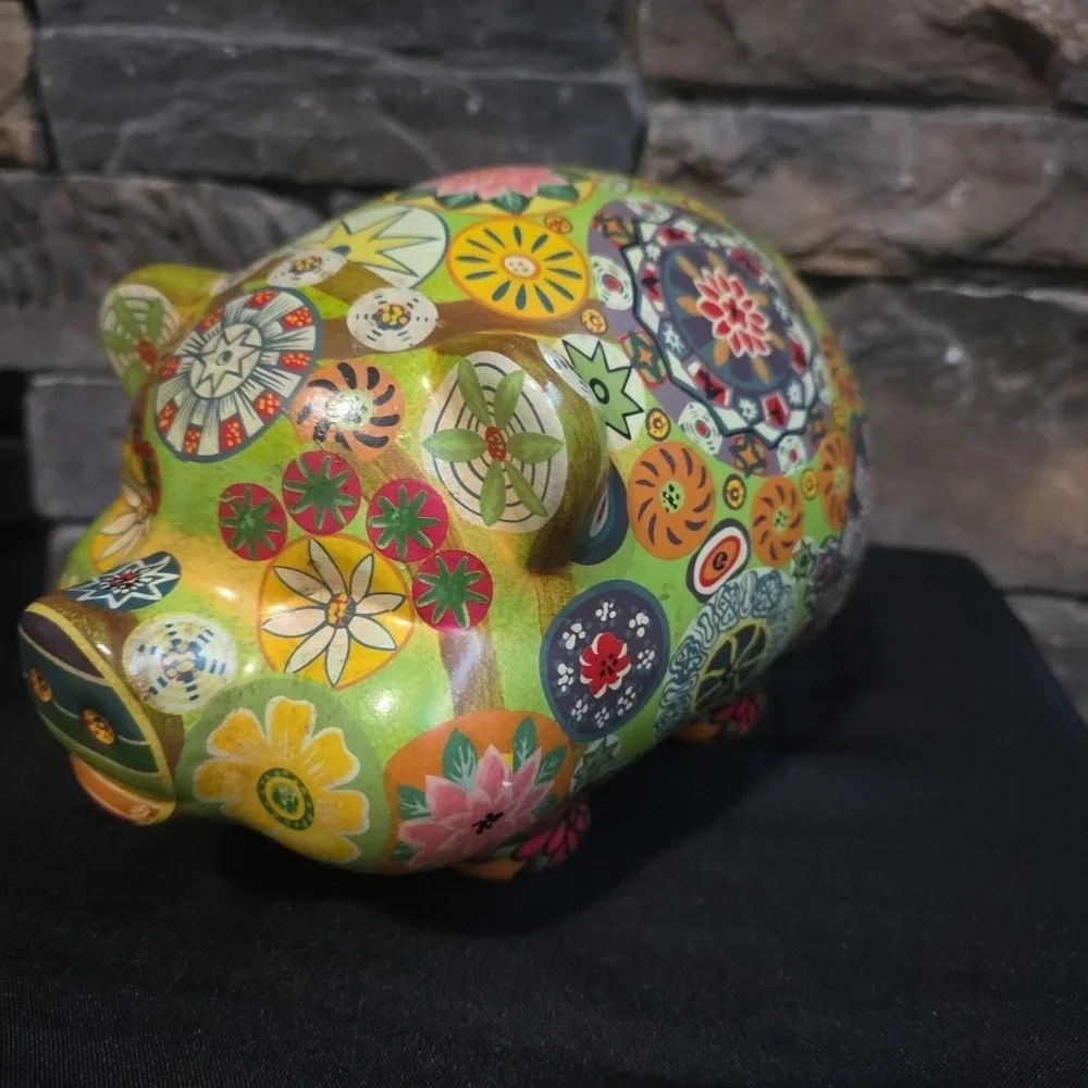 Vintage Pottery Piggy Bank Hippie Retro Flower Art